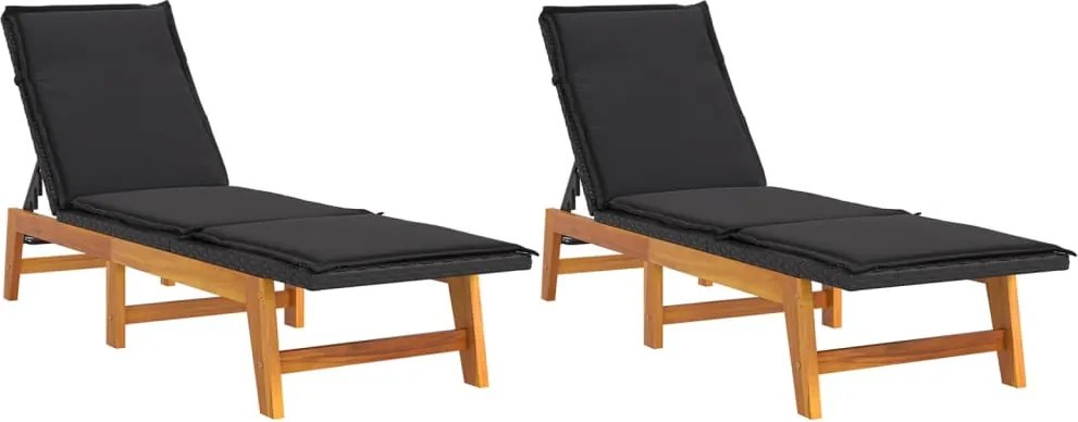 vidaXL 2 db polyrattan és tömör akácfa napozóágy párnával