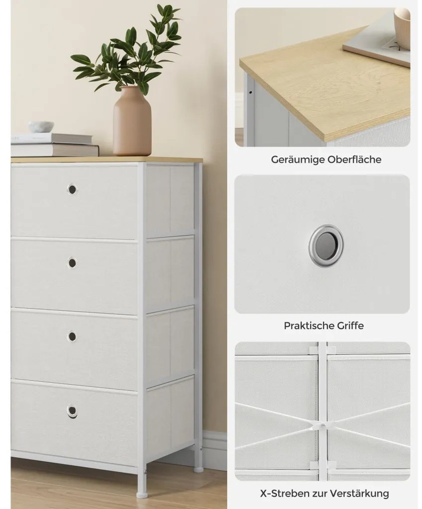 Tároló szekrény 8 szövet fiókkal, ruhás szekrény, fehér, szürke és tölgy 80x30x81cm