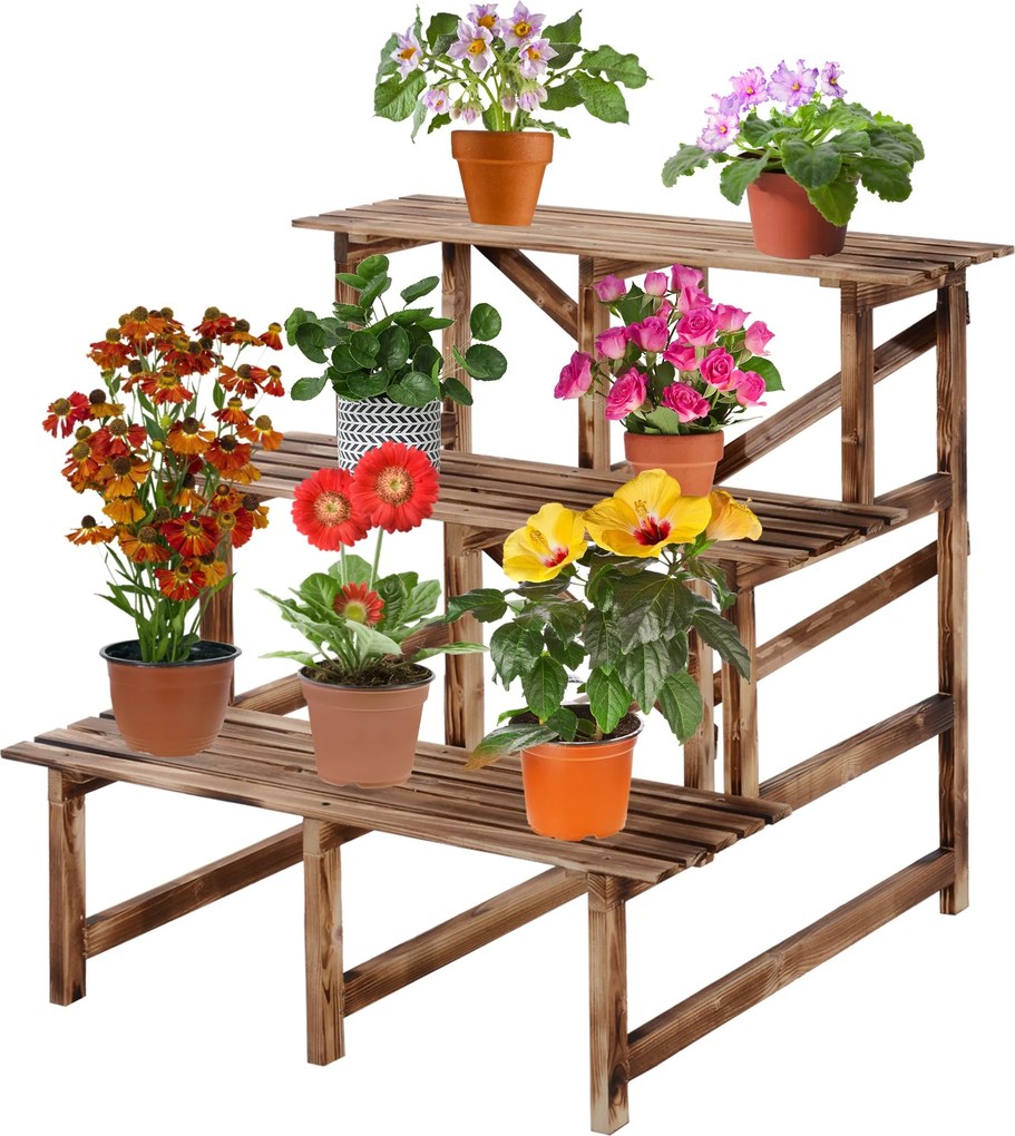 Outsunny 3-szintes növénytartó, összecsukható 78 cm magas virágtartó beltéri és kültéri használatra, fa növénytartó polc, virágcserép állvány tálcával