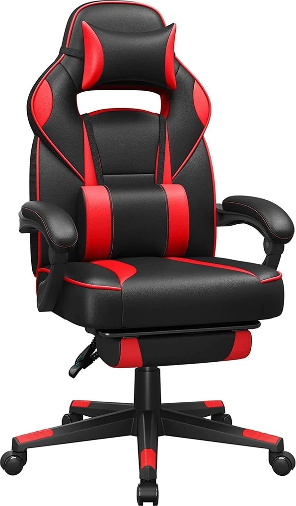 Ergonómikus szék, állítható irodai szék lábtartóval, fekete-piros