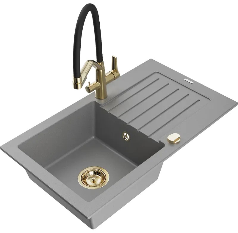 Mexen Pablo 1-medencés gránit mosogató csepegtetővel és Duo konyhai csapteleppel, szürke - 6510-71-671701-57-G