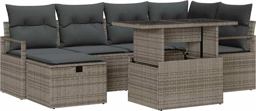 vidaXL Kerti Kanapé Szett párnával tárolóval 7 pcs Szürke Poli rattan