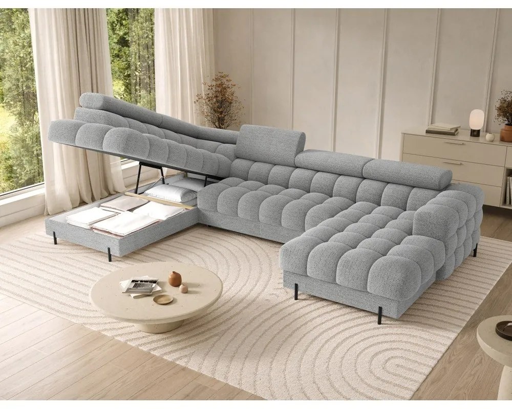 Szürke buklé kinyitható sarokkanapé (bal oldali-U alakú) Feraria – ELTAP