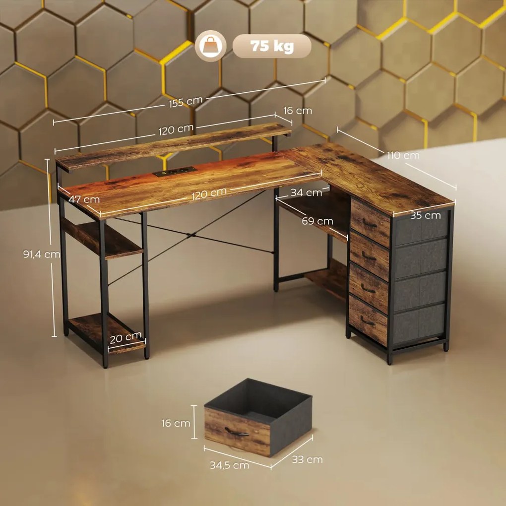 HOMCOM Gamer asztal, LED világítással-konnektorral, 4 fiókkal, monitorállvánnyal, barna