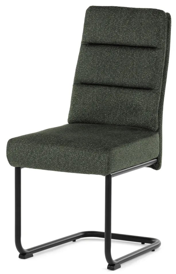 Scaun de sufragerie cu bază de sanie, șezut cu arcuri imbunătațite, mîner pe spătar, material verde, metal negru