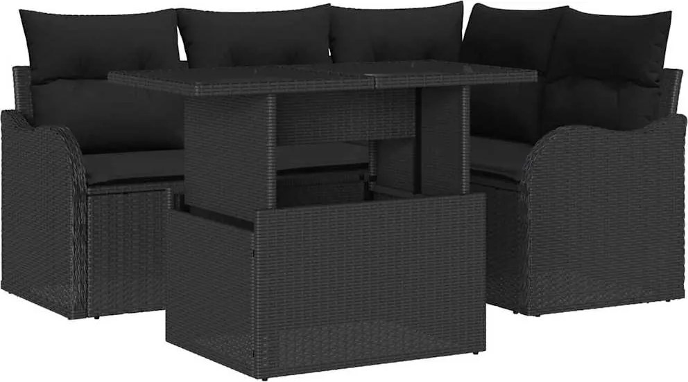 vidaXL Kerti Kanapé Szett párnával párnával 5 pcs Fekete Poly Rattan