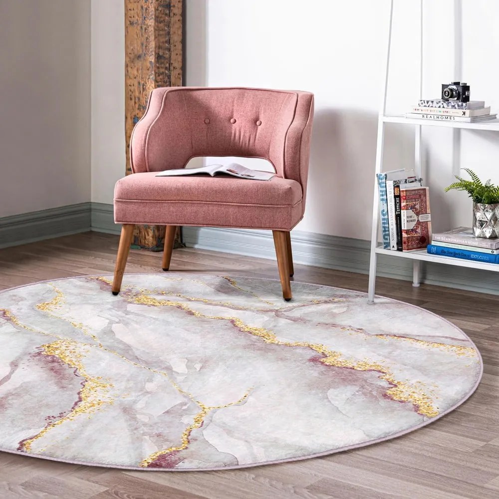 Világos rózsaszín-aranyszínű mosható kerek szőnyeg ø 120 cm Marble – Mila Home