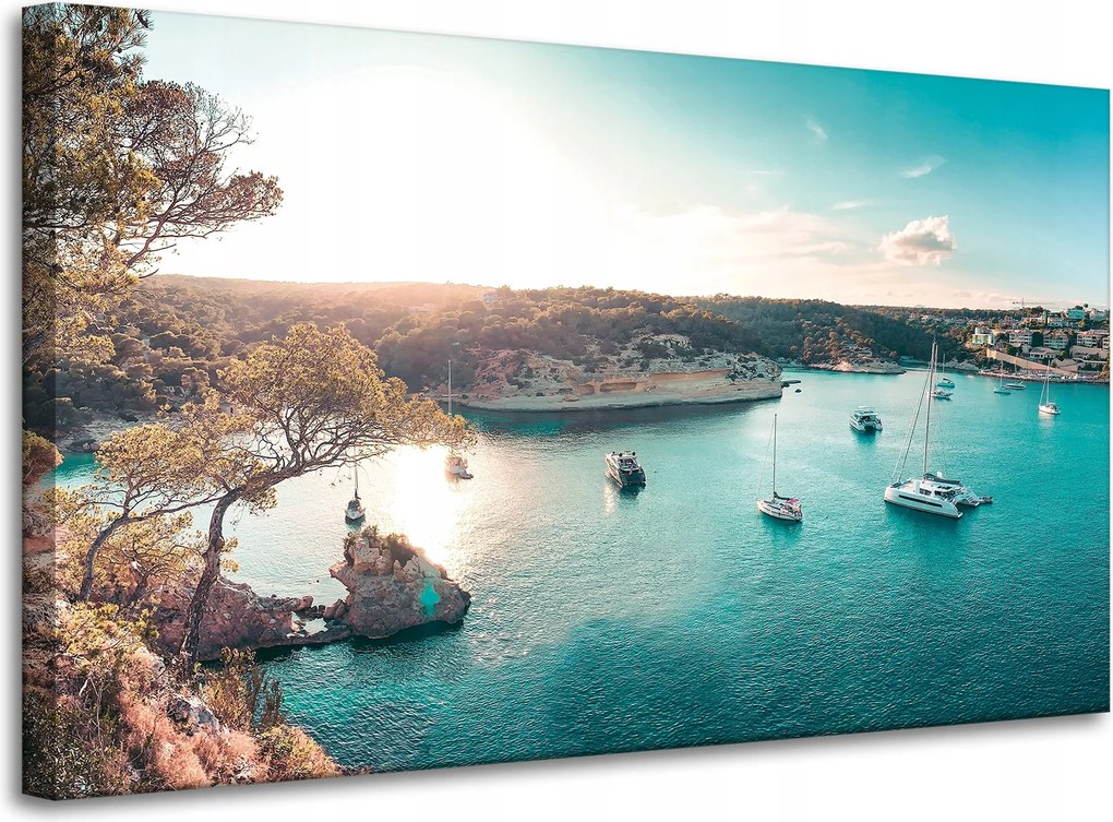 Vászonkép Víz a nap tükrében Csónakok Sziklák 100x60 cm