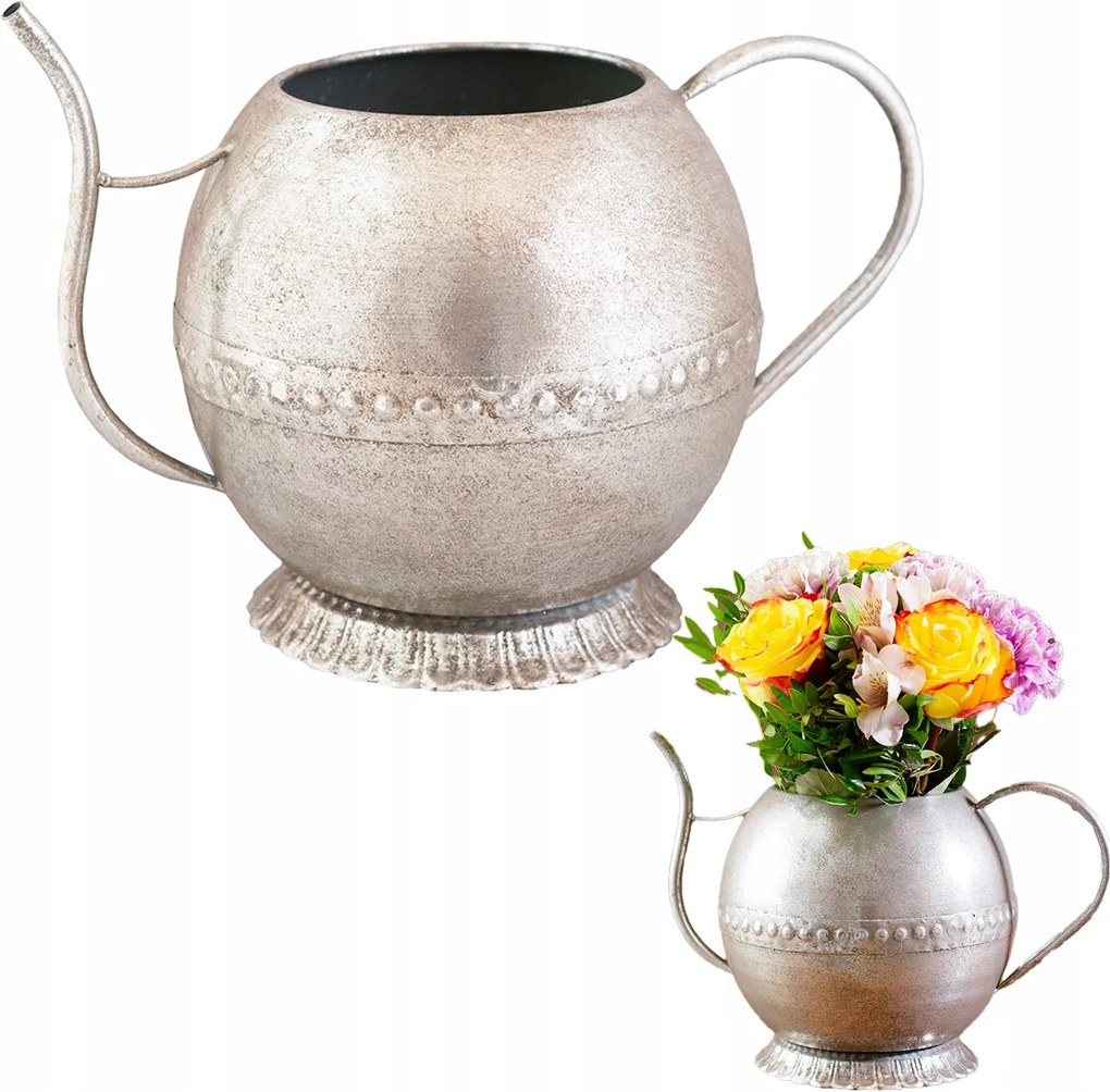 Ezüst Színű Fém Váza Kanna, csokrokhoz, kiegészítő a nappaliba