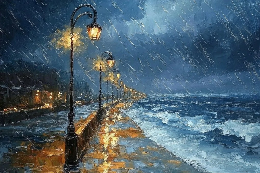 Vászonkép Canvas Tenger Tengerpart Sétány Eső Vihar Hullámok Éjszaka 60x40