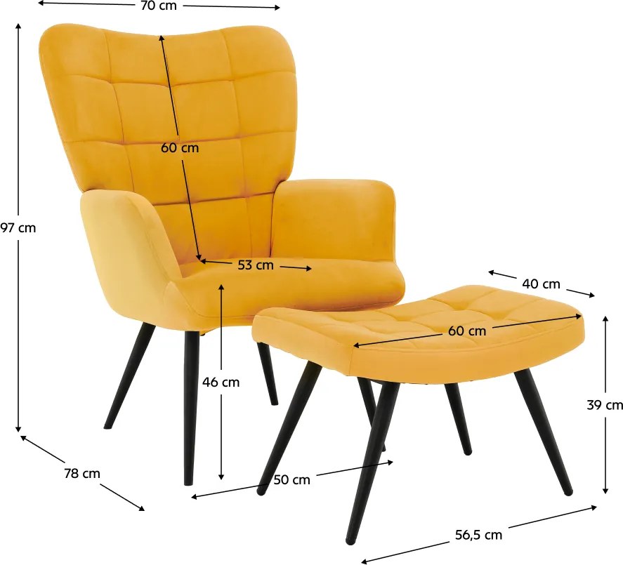 Fotel lábtartóval, sárga Velvet szövet/fekete, HABEN