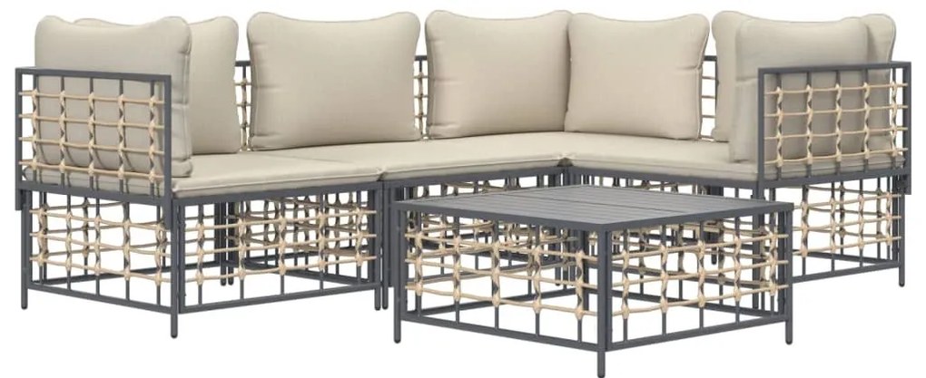 5 részes antracitszürke polyrattan kerti ülőgarnitúra párnákkal
