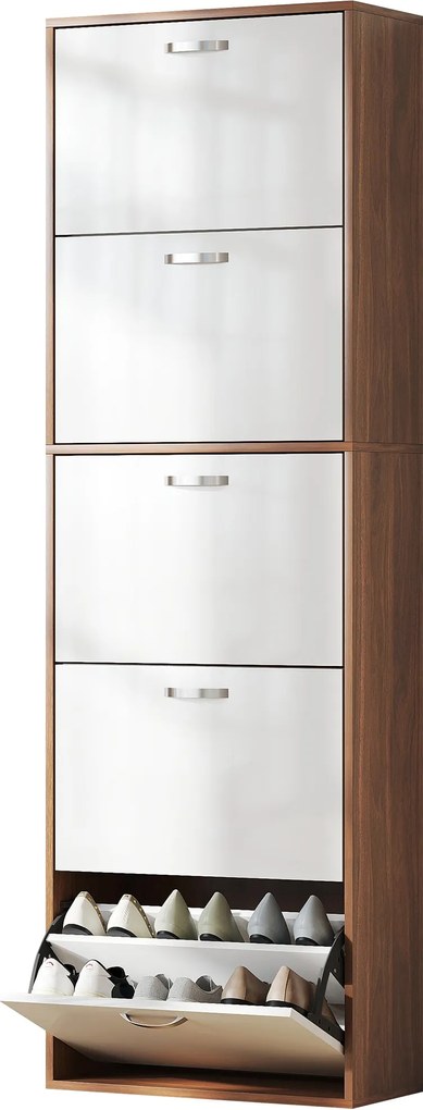 HOMCOM Karcsú, Térkímélő 5 szintes Cipőszekrény, Maximum 30 Pár Cipőhöz, 2 Polccal Szinten, MDF Cipőtároló, 60x28x189 cm, Fehér és Barna | Aosom