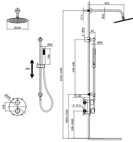 Cersanit S952-033 - Zuhany készlet termosztatikus rejtett csappal ZEN fekete