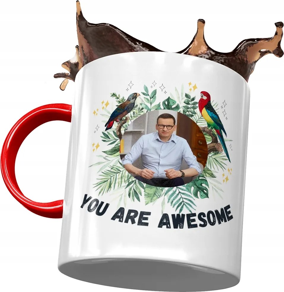 Piros bögre Mateusz Morawiecki Premier Ajándék Nyomtatott Fotóval