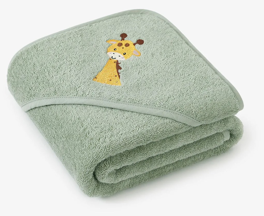 Goldea gyermek frottír fördőlepedő csuklyás - zsiráf zsályaszínű alapon 100 x 100 cm