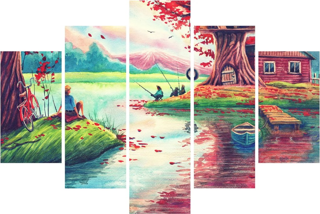 Kép - akvarell, Öböl egy hegyi faluban (150x105 cm)