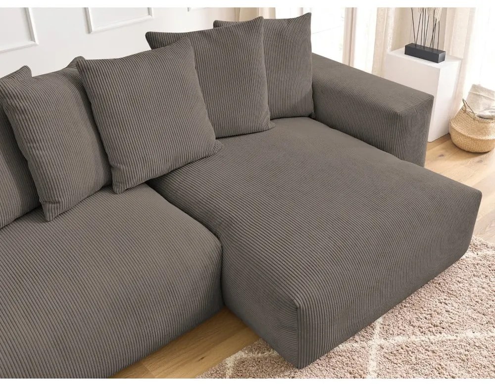Szürkésbarna kordbársony kinyitható-tárolóhelyes sarokkanapé Voltaire – Bobochic Paris