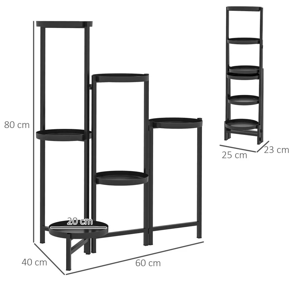Virágállvány, 6 szintes, fém, 80 cm magas, fekete