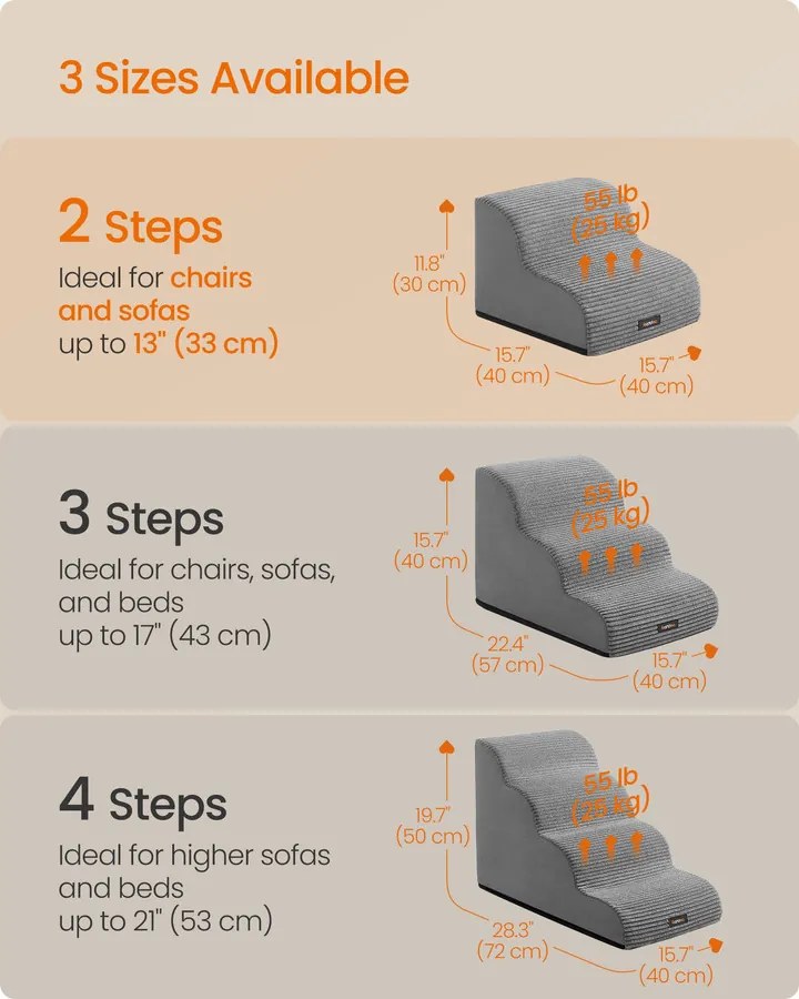 2 lépcsős kutyalépcső ágyhoz, vízálló, csúszásmentes, mosható huzattal – szürke