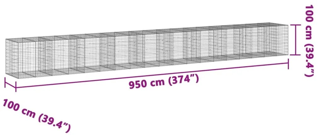horganyzott vas gabion kosár fedéllel 950 x 100 x 100 cm