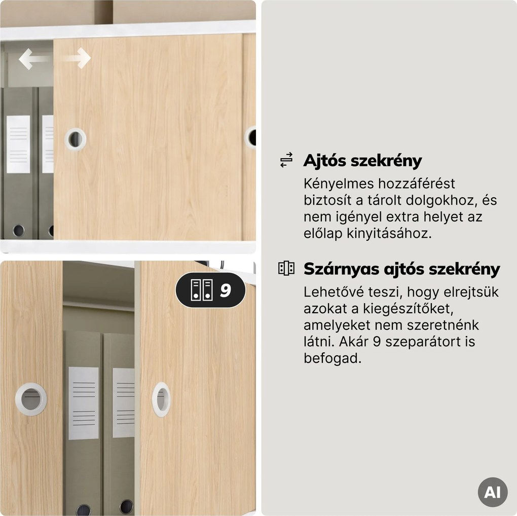 Iratrendező polc zárható szekrénnyel, irodai, nyitott polcok, fém fehér/sonoma tölgy, 800x2200x400 mm: ARIEL Eco Design