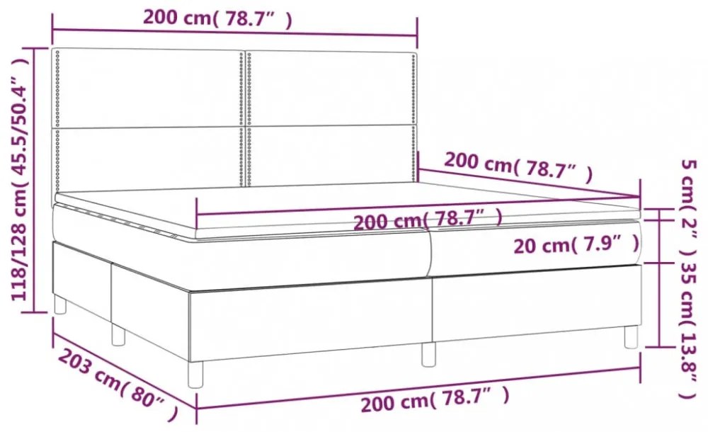világosszürke bársony rugós és LED-es ágy matraccal 200x200 cm