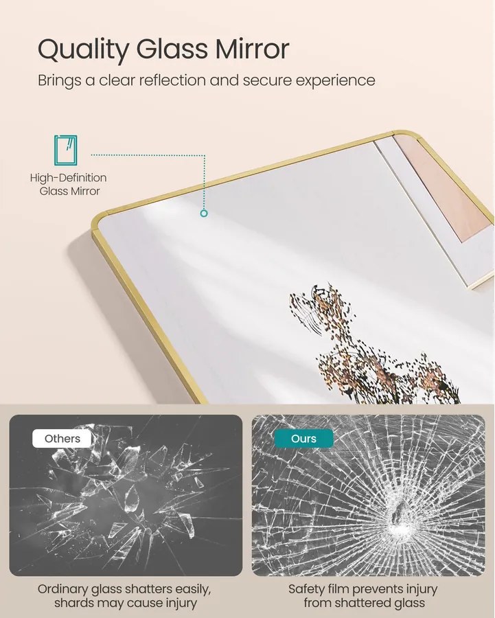 Álló tükör alumínium kerettel, edzett üvegből, világos arany színben