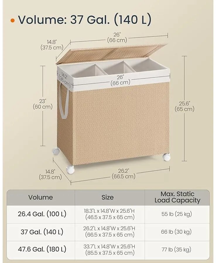 Szennyeskosár  3 rekesszel, 140 literes, levehető béléssel natúr bézs és matt fehér színben
