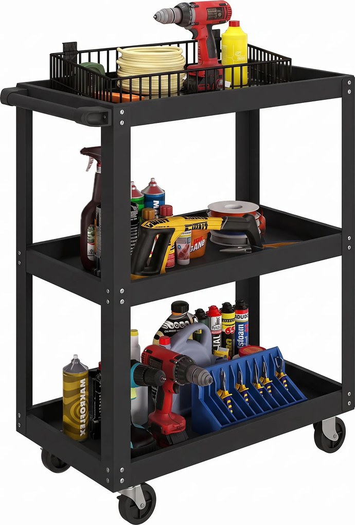 HOMCOM 3 szintes szerszámos kocsi oldalfogantyúval és zárható kerekekkel, műhelykocsi garázsba/raktárba/DIY szerszámokhoz, 120 kg teherbírás, 70,5 x 3