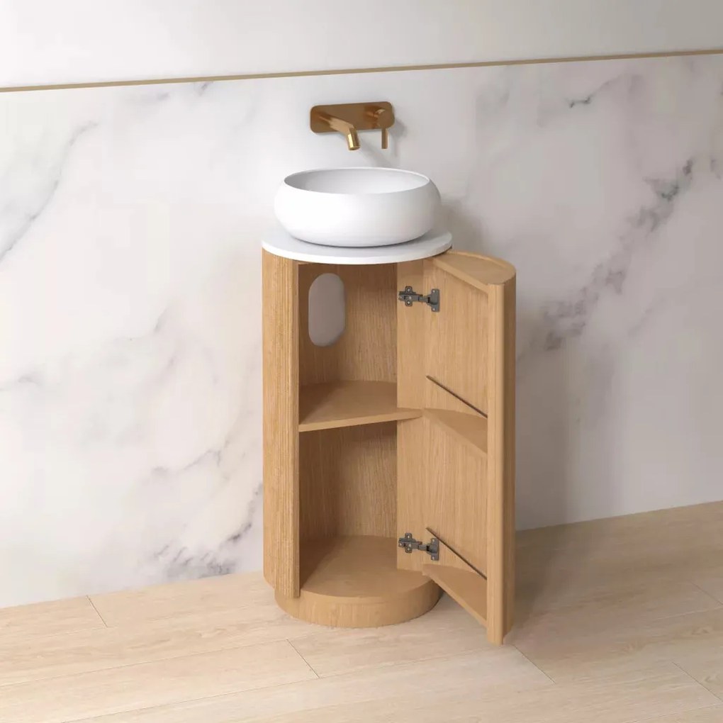 AREZZO design SORAYA 40 cm-es kerek, álló Fürdőszoba alsószekrény, fehér mosdópulttal, 1 ajtó, tölgy