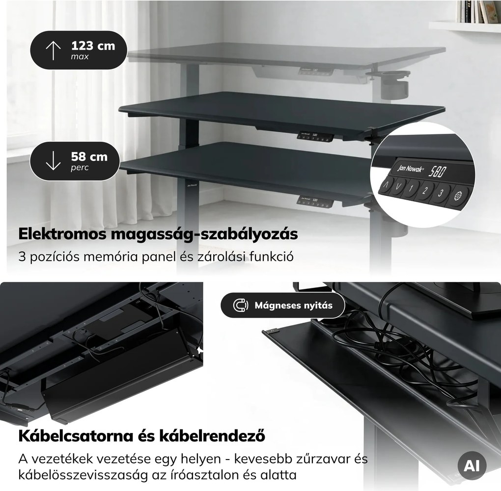 Elektromos íróasztal magasságállítással ergonomikus antracit,1200x600 mm: ARIA