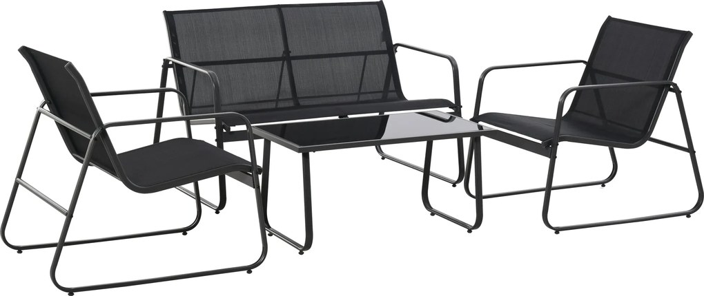 Outsunny Asztal Szett Pad és 2 Kerti Székkel, Kültéri Bútor Fém és Textilén Anyagból, Fekete | Aosom