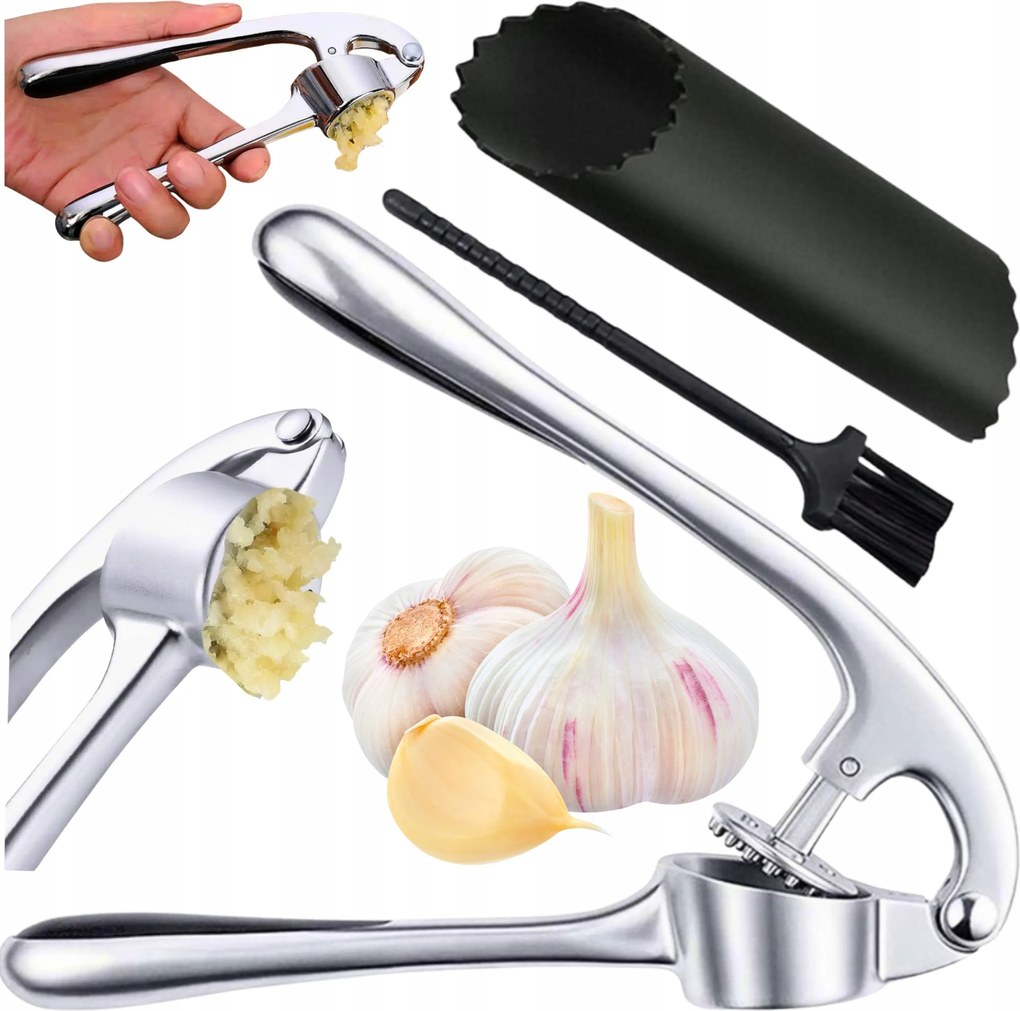 Fokhagymanyomó ezüst színű rozsdamentes acélból, fokhagymatisztítóval, szett Montessa