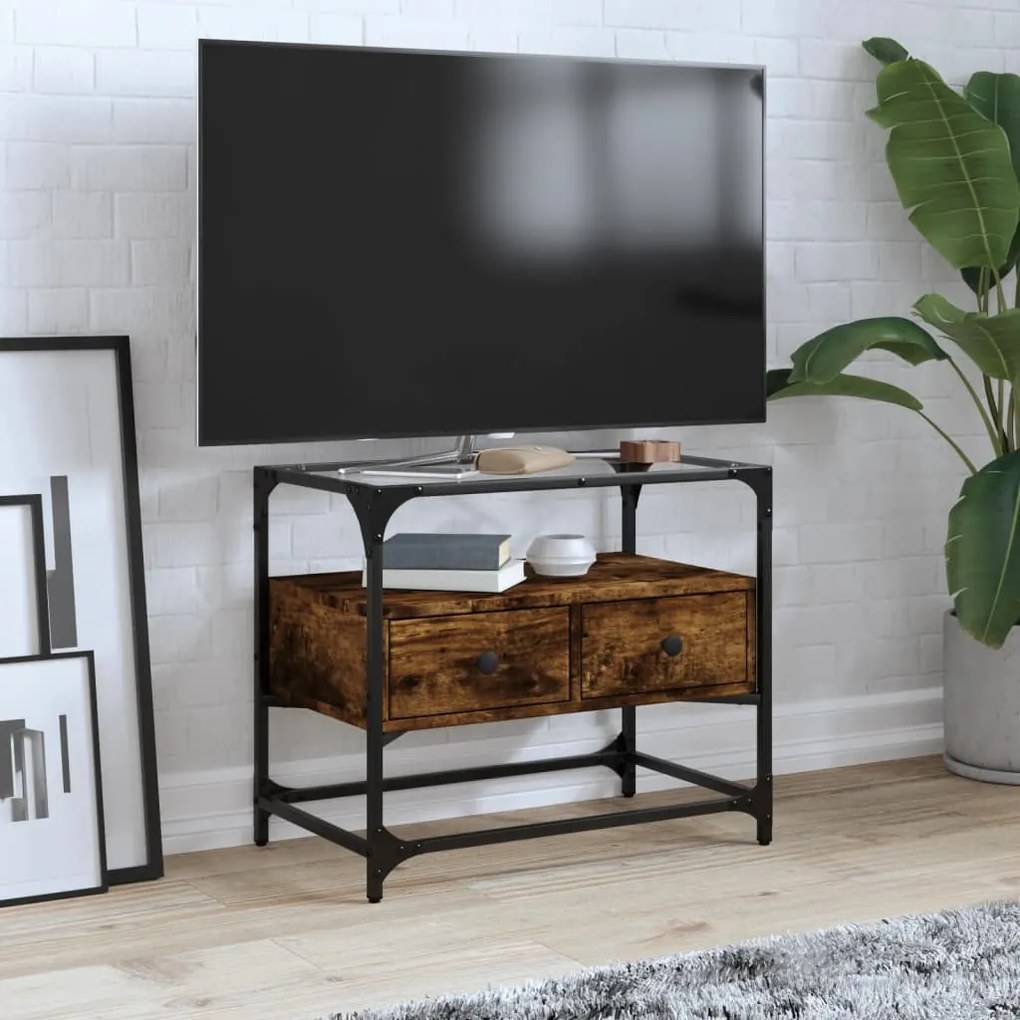 füstös tölgy szerelt fa TV-szekrény üveglappal 60 x 35 x 51 cm
