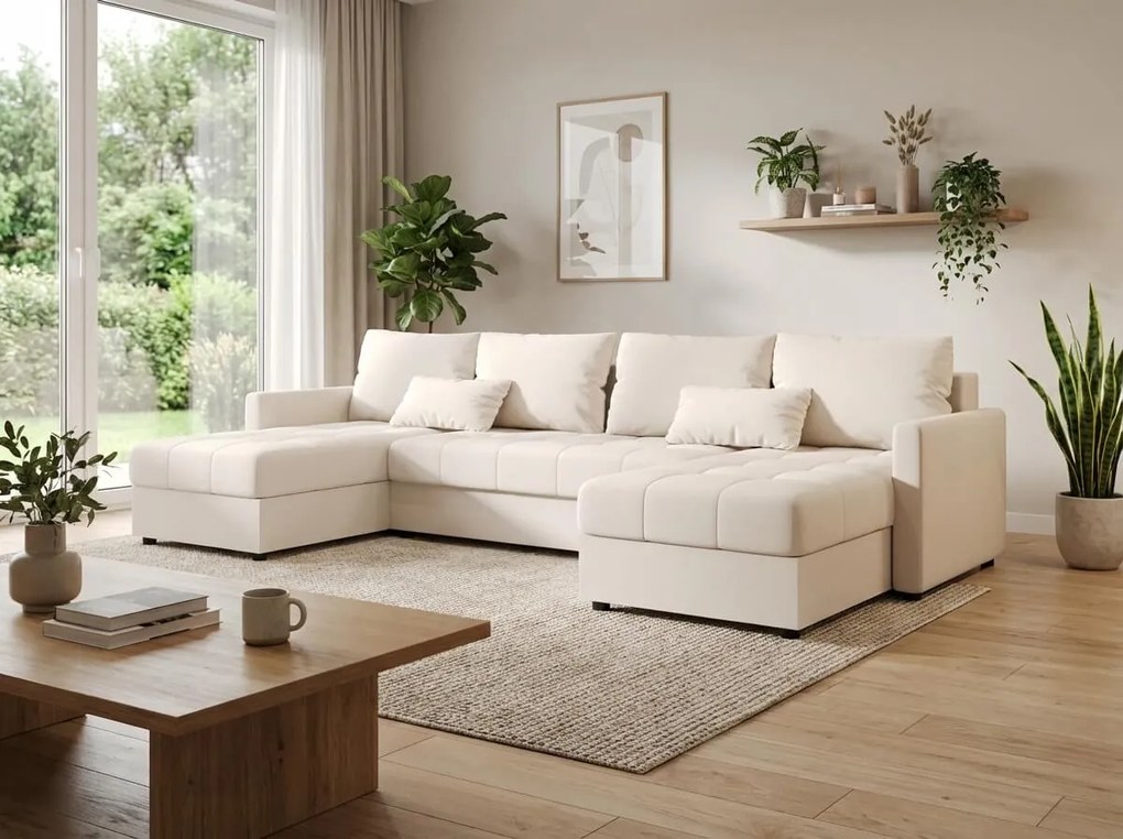 VENORIA U alakú kihúzható ülőgarnitúra, 285x146 cm, krémszínű + 2 párna INGYEN