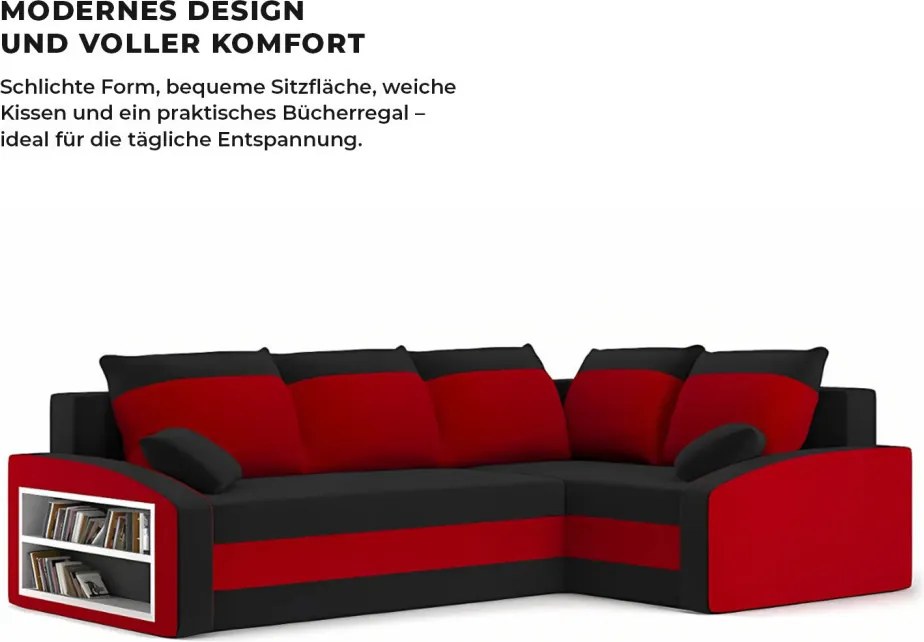 Grande sarokkanapé polcokkal , polc a bal karfaban, jobboldali, szövet anyag, bonell töltet, fekete - piros