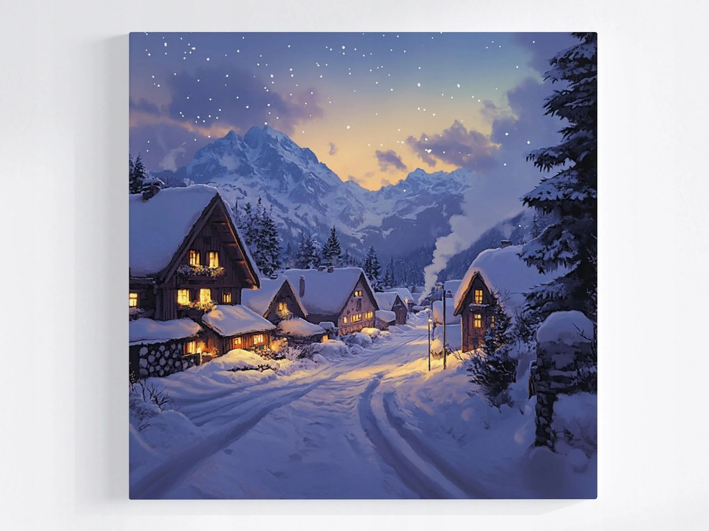 Vászonkép Canvas Tájkép Éjszaka Este Hegyek Alpok Hó Tél Házak 40x40