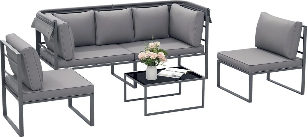 Outsunny Időjárásálló Kerti Bútor Készlet 5 Fő Részére - Kerti Loungeszett 3 Fős Kanapéval, 2 Fotellet és Napernyőt, Párnákkal és Oldalsó Asztallal -