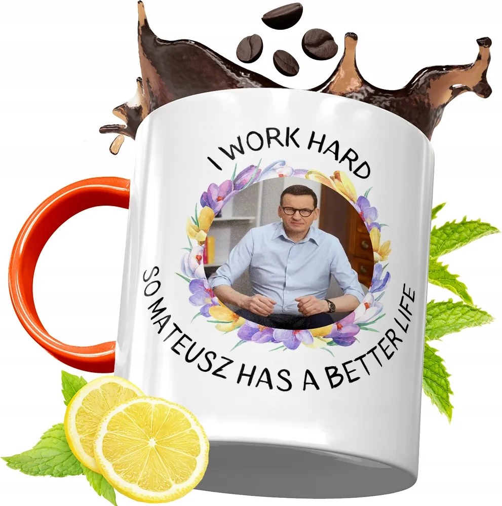 Narancssárga Bögre Mateusz Morawiecki Ajándék fényképes nyomtatással