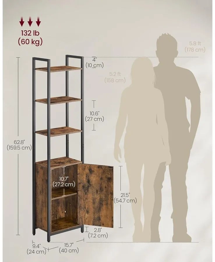 VASAGLE 6 szintes könyvespolc 24 × 40 × 159,5 cm, barna és fekete színben