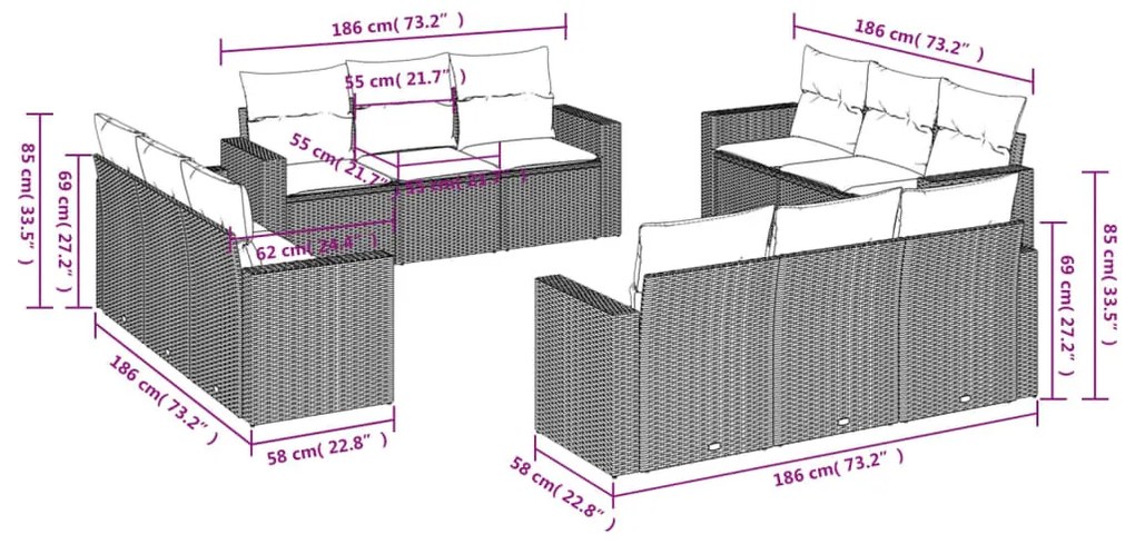 12 részes bézs polyrattan kerti ülőgarnitúra párnákkal