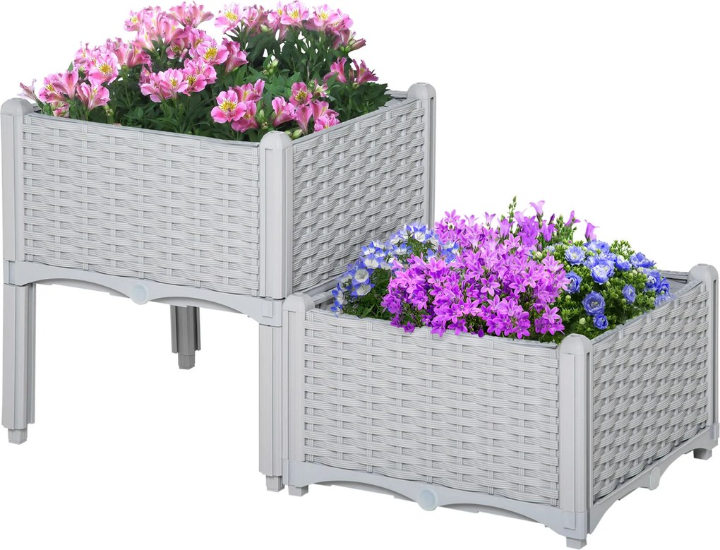 Outsunny 2 darabos kerti négyzet alakú virágtartó készlet rattan hatású, 40x40x26/44 cm, Szürke | Aosom