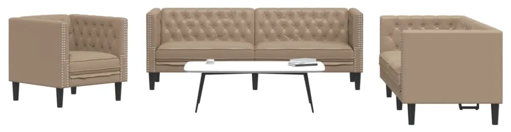 3 részes kávészínű műbőr Chesterfield kanapégarnitúra