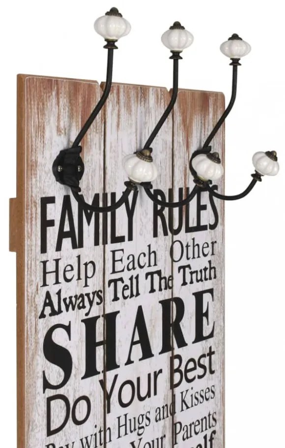 falra szerelhető fogas 6 akasztóval 120 x 40 cm „FAMILY RULES”