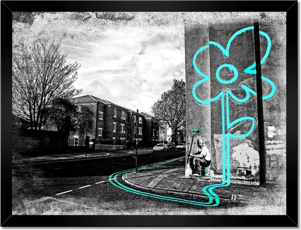 Poszter keretben 40x30 Banksy Türkiz virág