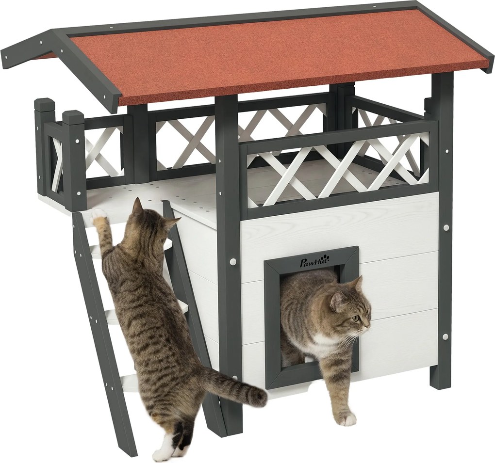 PawHut Macska Házikó Aszfalt Tetővel, Két Szintes, Macska Kunyhó Erkélyes, Macska Villa Lépcsővel, Masszív Fa, Fehér, 77 x 50 x 73 cm | Aosom