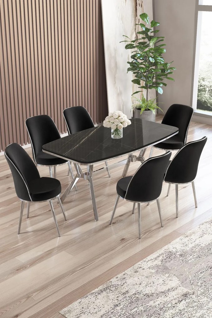 Lena étkezőgarnitúra, fekete márvány-króm, 160 cm – TR240CHR2906