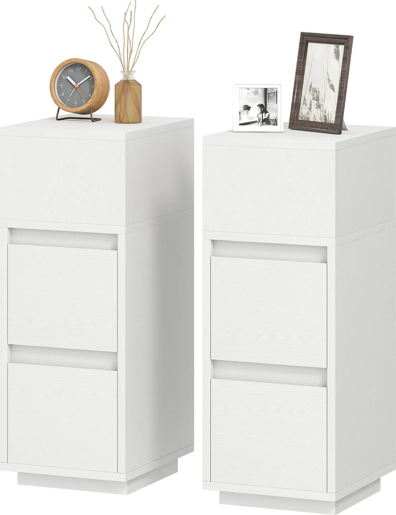 HOMCOM 2 db vékony, magas éjjeliszekrény 2 fiókkal és nyitott polccal — helytakarékos modern éjjeliszekrény háló- és nappaliba, 25 x 30 x 65 cm, fehér