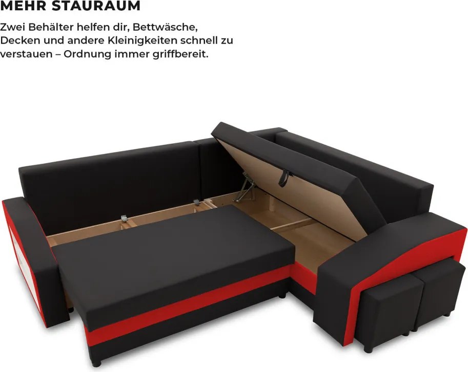 Grande sarokkanapé polcokkal és puffokkal , polc a bal karfaban puffok a jobb karfaban, jobboldali, szövet anyag, hab töltet, fekete - piros
